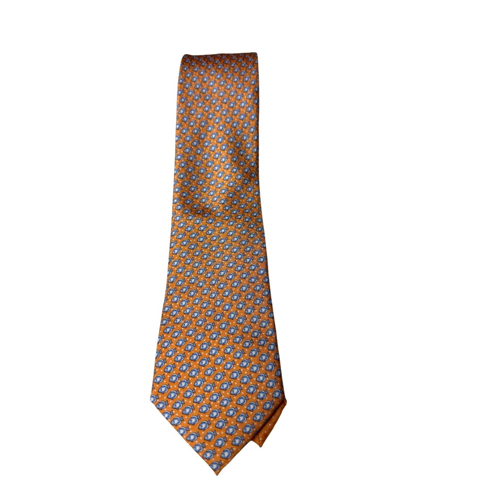 Tommy Hilfiger Necktie Orange Blue Fish Print 100% Silk Classic Tie